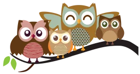 Adorable Family of Whimsical Owl Friends Perched on a Delightful Cartoon Clipart Branch