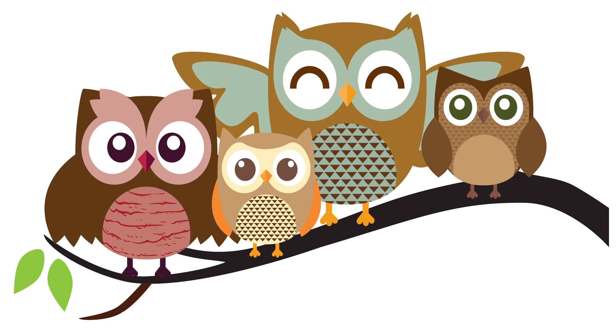 Adorable Family of Whimsical Owl Friends Perched on a Delightful Cartoon Clipart Branch