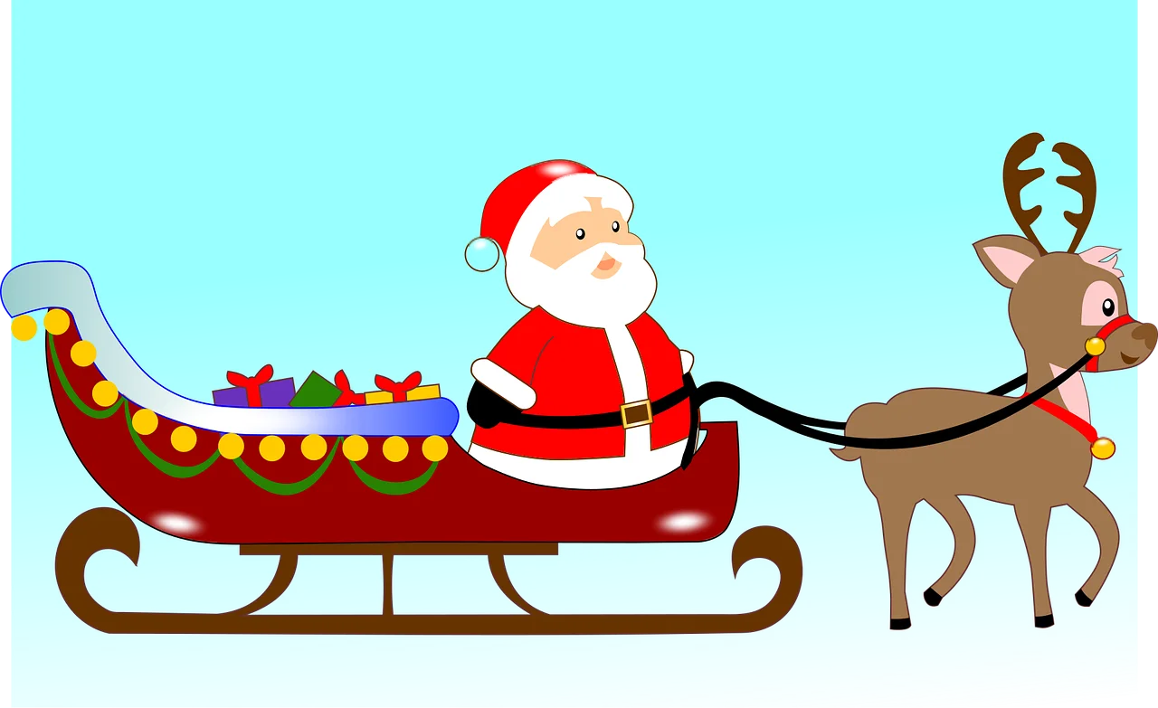 Cheerful Christmas Clipart of Santa Claus and Reindeer Riding Festive Holiday Sleigh