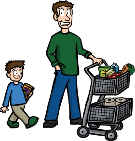 Cheerful Family Grocery Shopping Expedition Cartoon Clipart Scene
