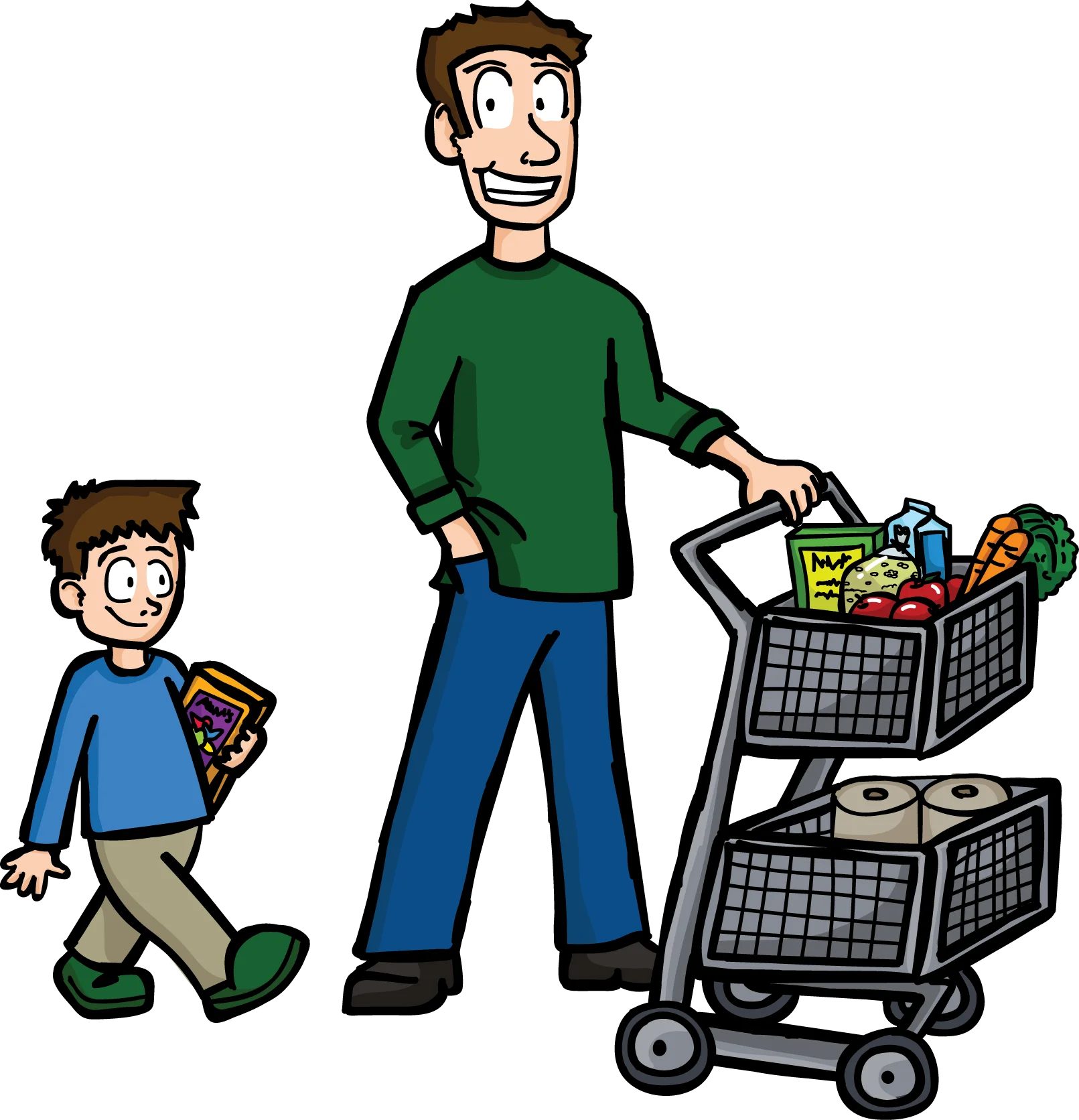 Cheerful Family Grocery Shopping Expedition Cartoon Clipart Scene