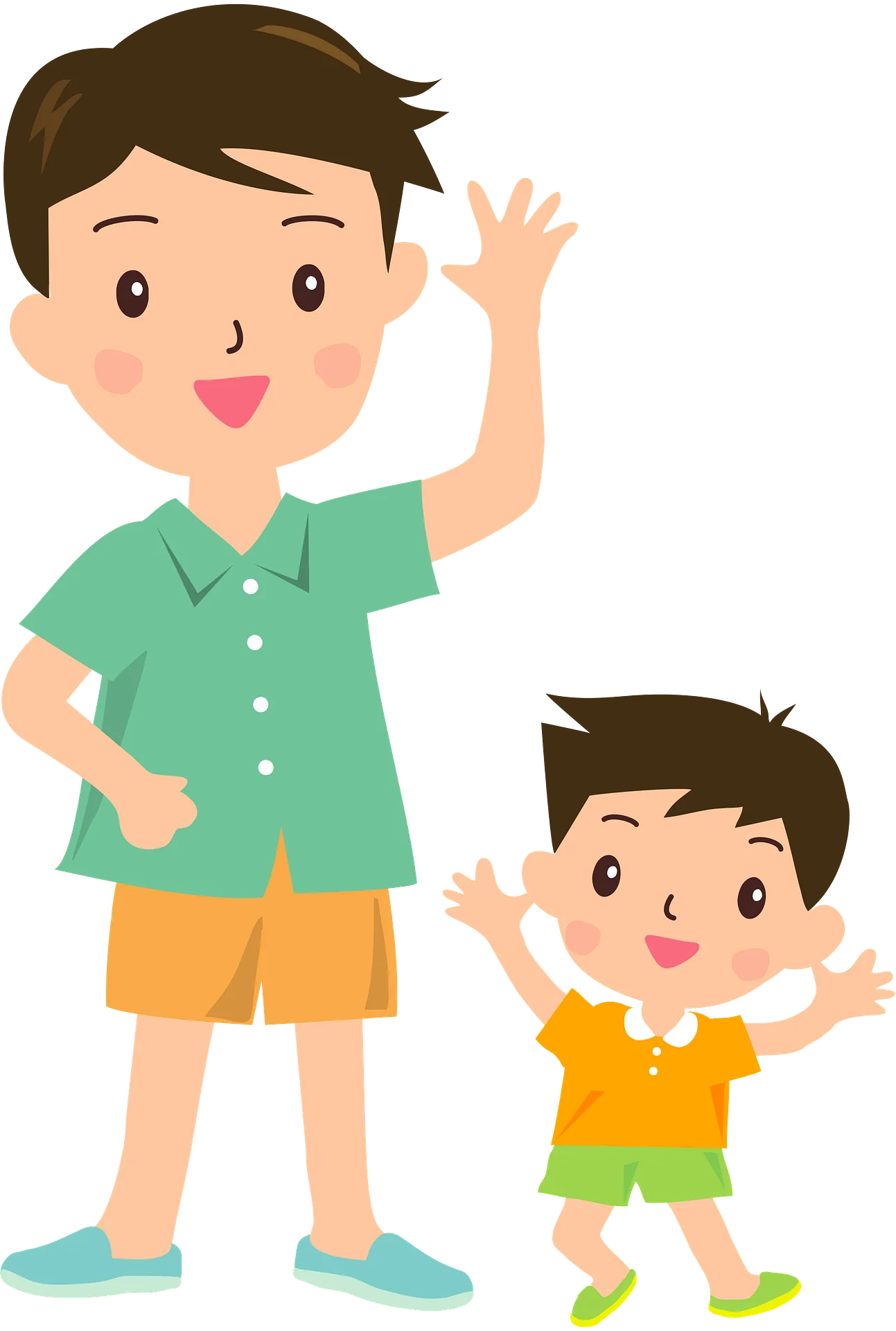 Cheerful Father and Son Waving Together in Adorable Family Clipart Illustration