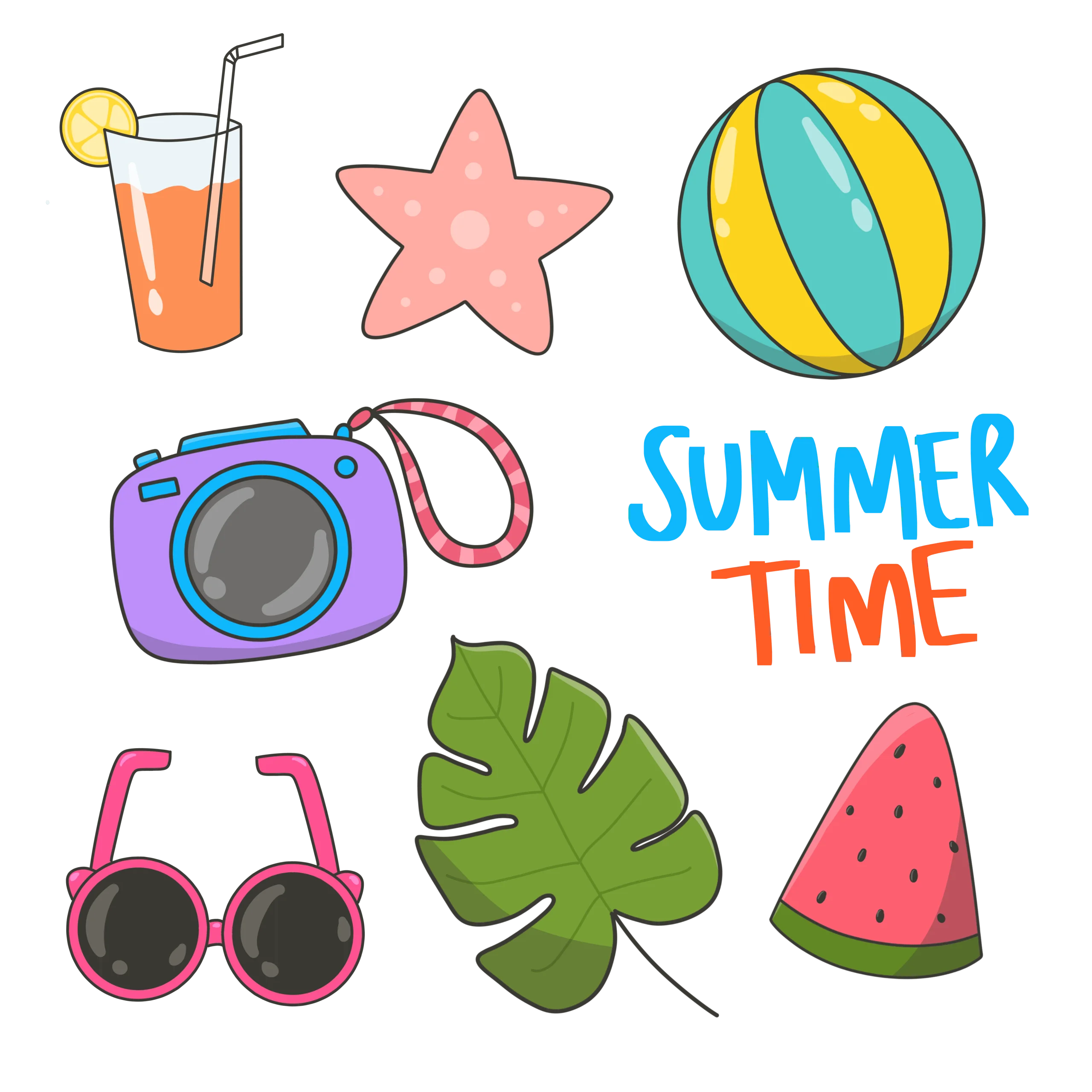 Cheerful Summer Time Clipart Collection with Playful Beach and Leisure Icons