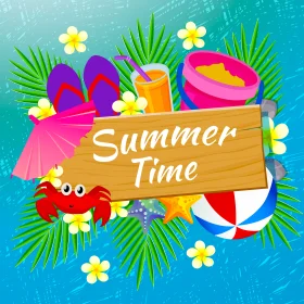 Cheerful Summer Time Clipart Design with Beach Essentials and Tropical Flair