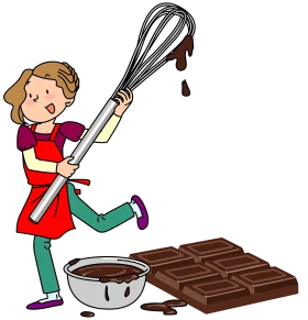 Cheerful Young Baker Preparing Chocolate Delight with Whisk and Mixing Bowl Clipart