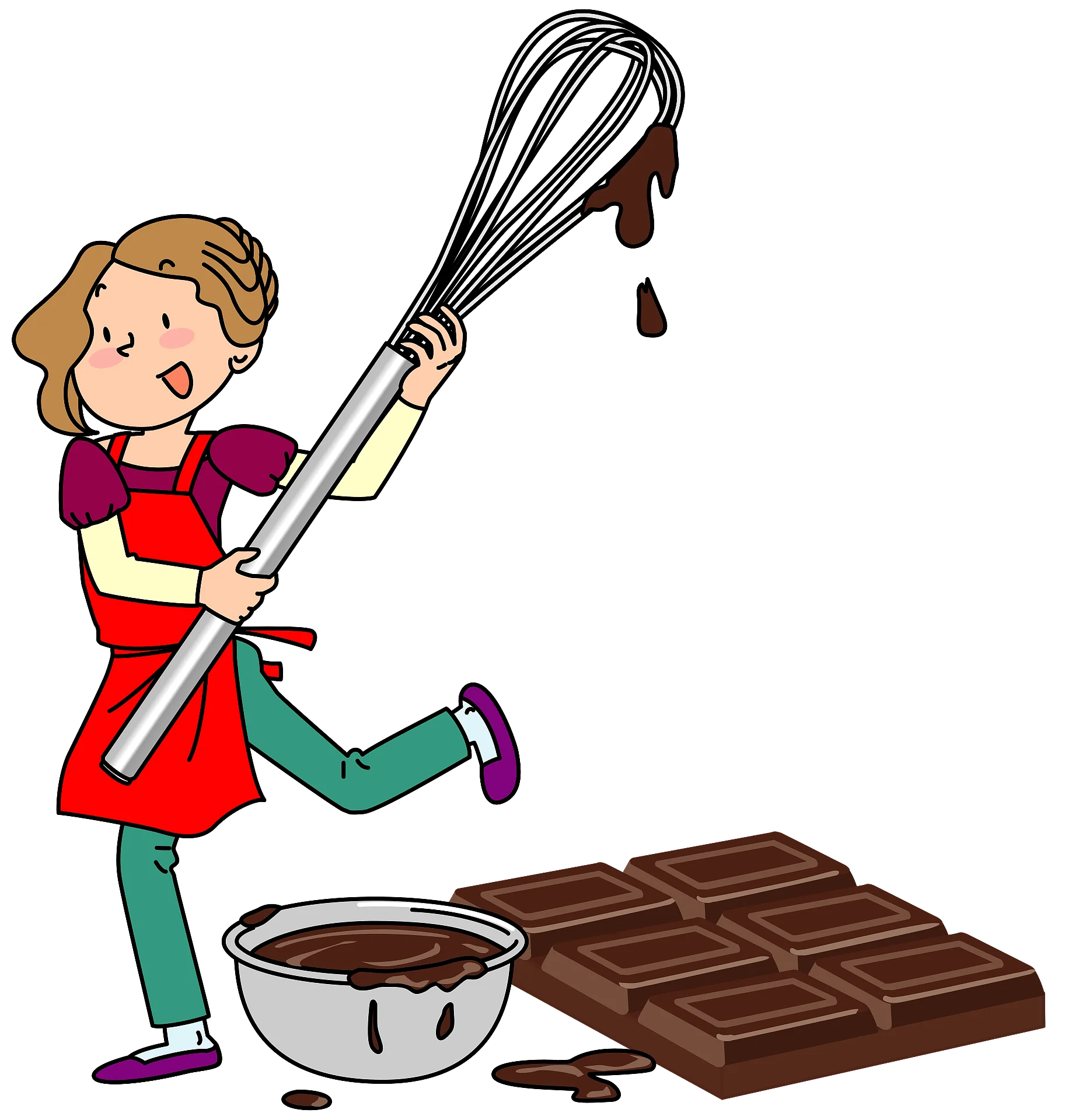 Cheerful Young Baker Preparing Chocolate Delight with Whisk and Mixing Bowl Clipart