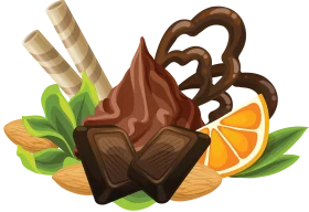Delectable Chocolate Clipart Featuring Rich Cocoa, Orange Slice, and Wafer Sticks