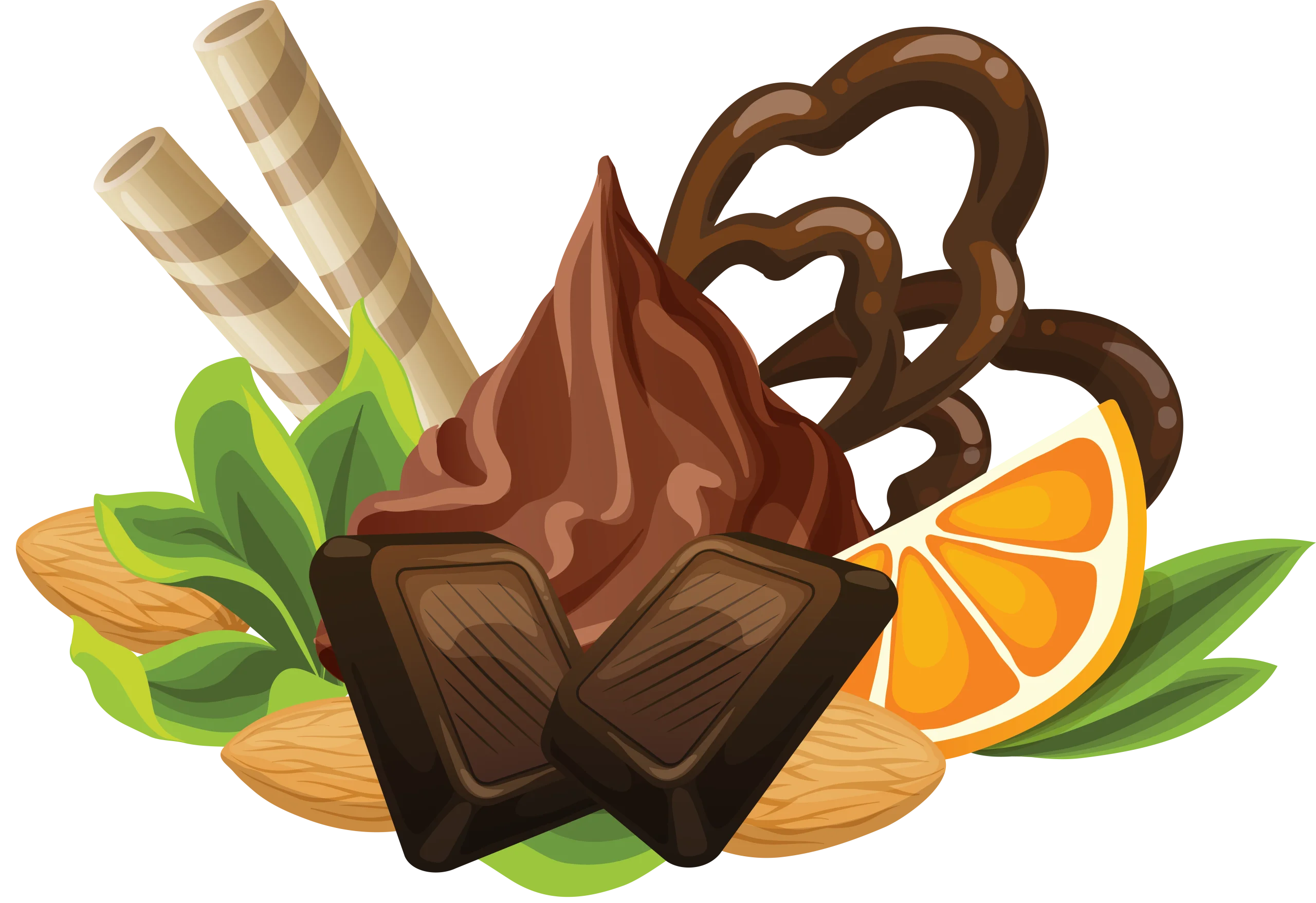 Delectable Chocolate Clipart Featuring Rich Cocoa, Orange Slice, and Wafer Sticks