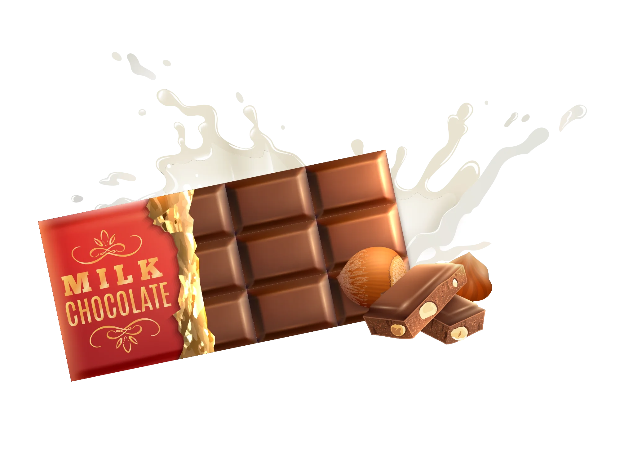 Delectable Milk Chocolate Bar with Splashing Milk and Almonds Clipart Illustration