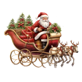 Enchanting Vintage Christmas Clipart: Santa's Magical Reindeer-Drawn Sleigh Scene