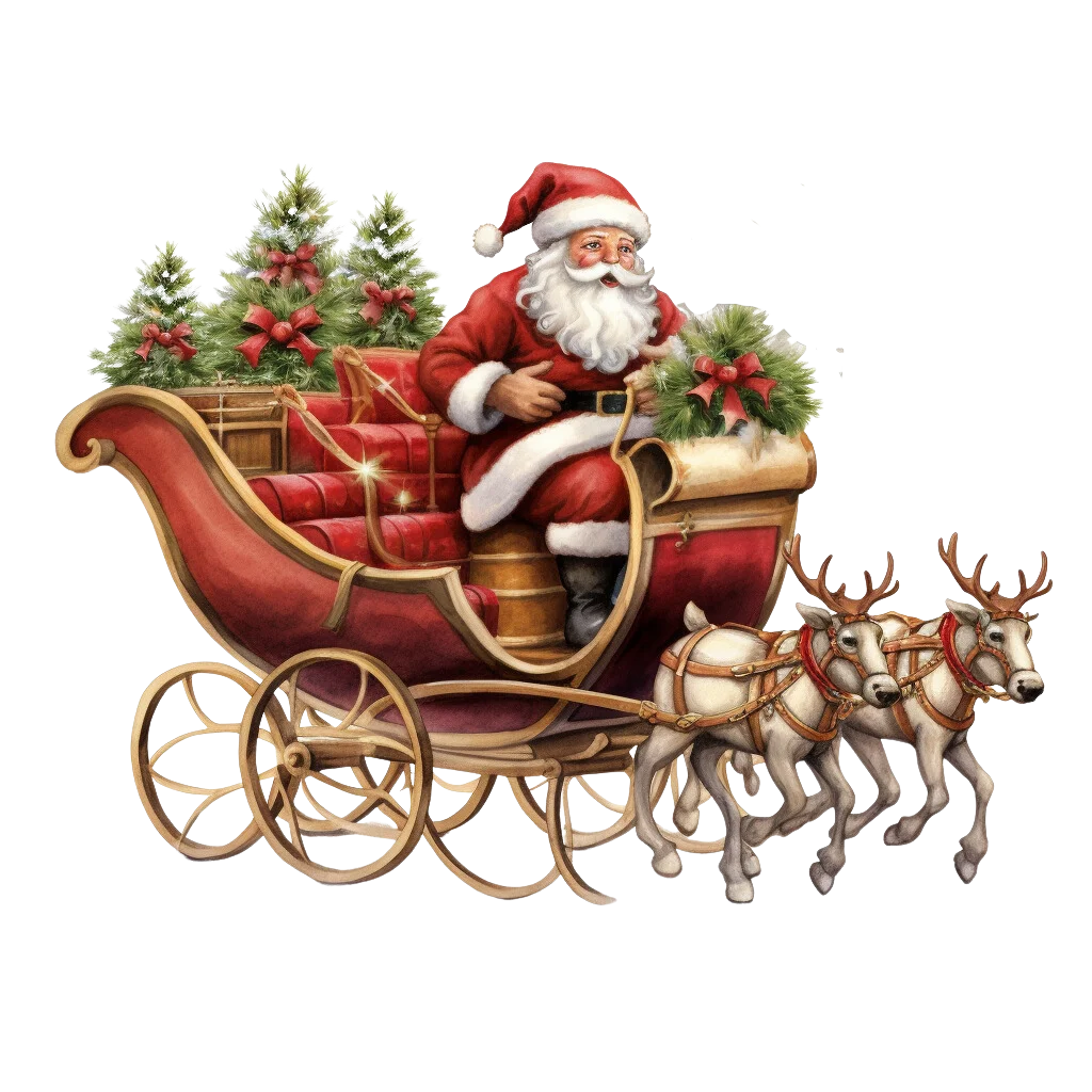 Enchanting Vintage Christmas Clipart: Santa's Magical Reindeer-Drawn Sleigh Scene