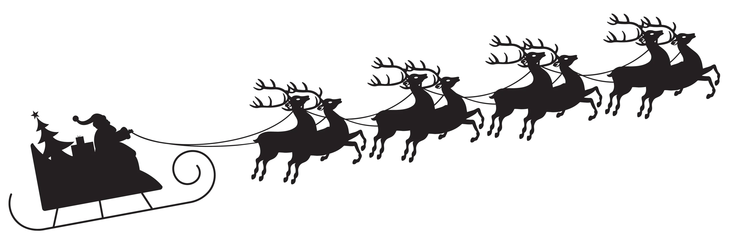 Festive Black and White Christmas Santa Sleigh and Reindeer Silhouette Clipart Design