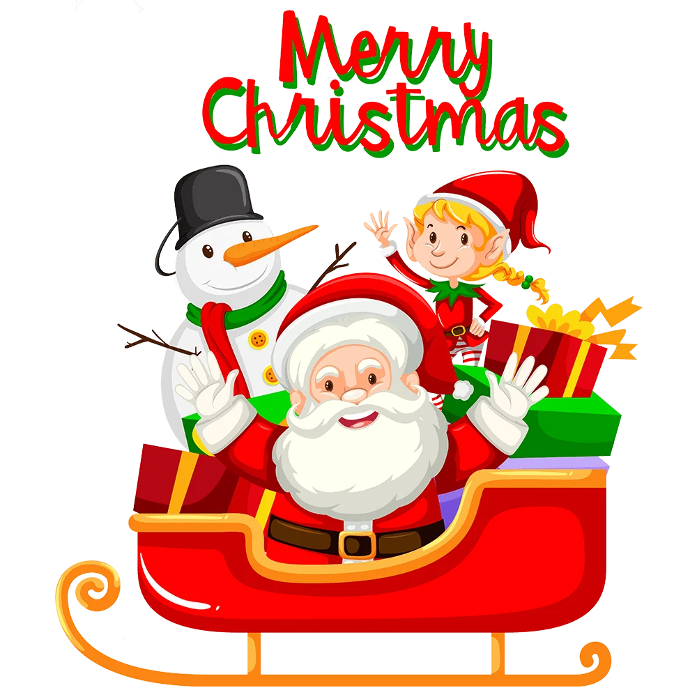 Festive Christmas Clipart Featuring Santa, Snowman, and Elf on a Joyful Sleigh Ride