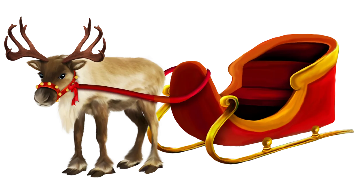 Festive Christmas Clipart: Reindeer Pulling Santa's Magical Golden Sleigh
