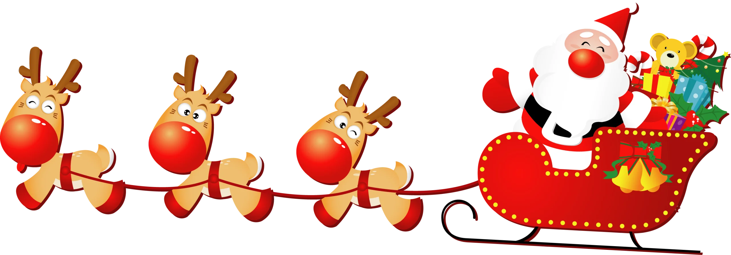 Festive Christmas Clipart: Santa's Magical Reindeer-Pulled Sleigh Laden with Colorful Gifts