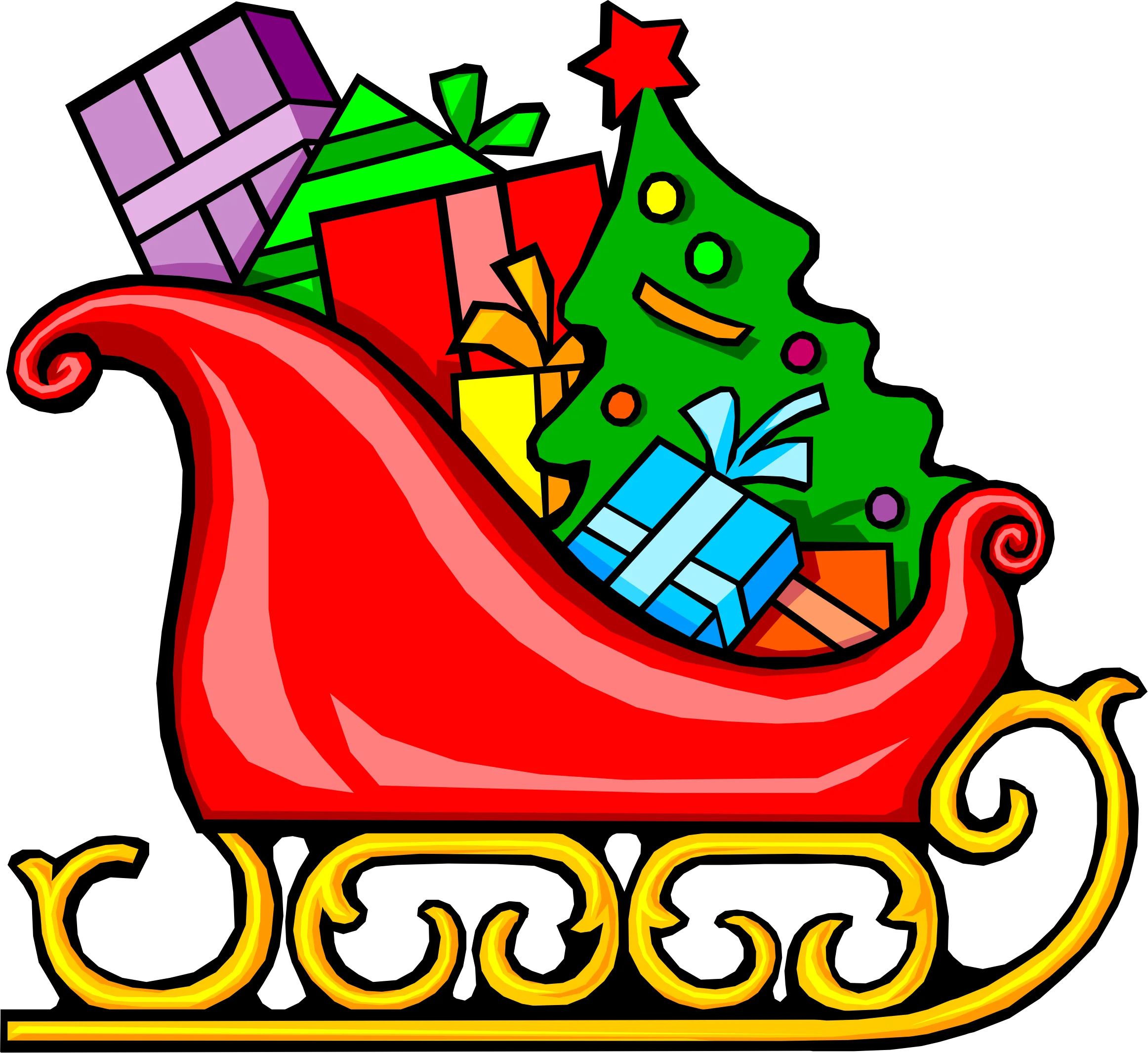 Festive Christmas Sleigh Clipart Filled with Colorful Presents and Pine Tree