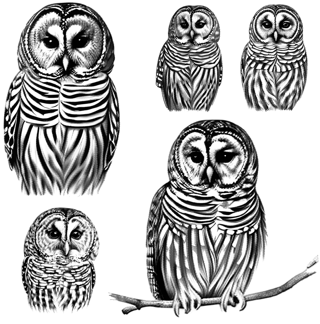 Monochromatic Mystical Owl Clipart Collection: Detailed Black and White Illustrations