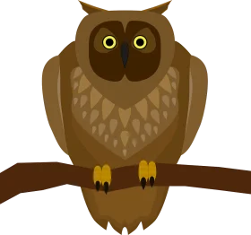 Stylized Vintage Brown Horned Owl Perched on Branch Minimalist Clipart Design