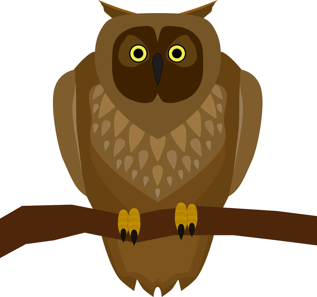 Stylized Vintage Brown Horned Owl Perched on Branch Minimalist Clipart Design