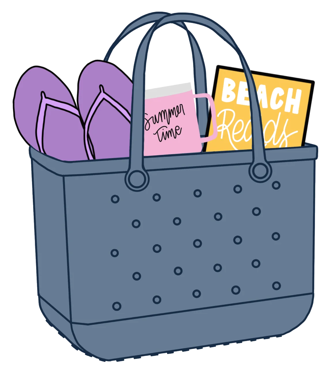 Summer Beach Essentials Bogg-Style Tote with Flip Flops and Beach Life Accessories Clipart