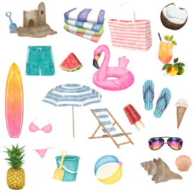 Sunny Beach Day Summer Fun Watercolor Beach Clipart Collection
