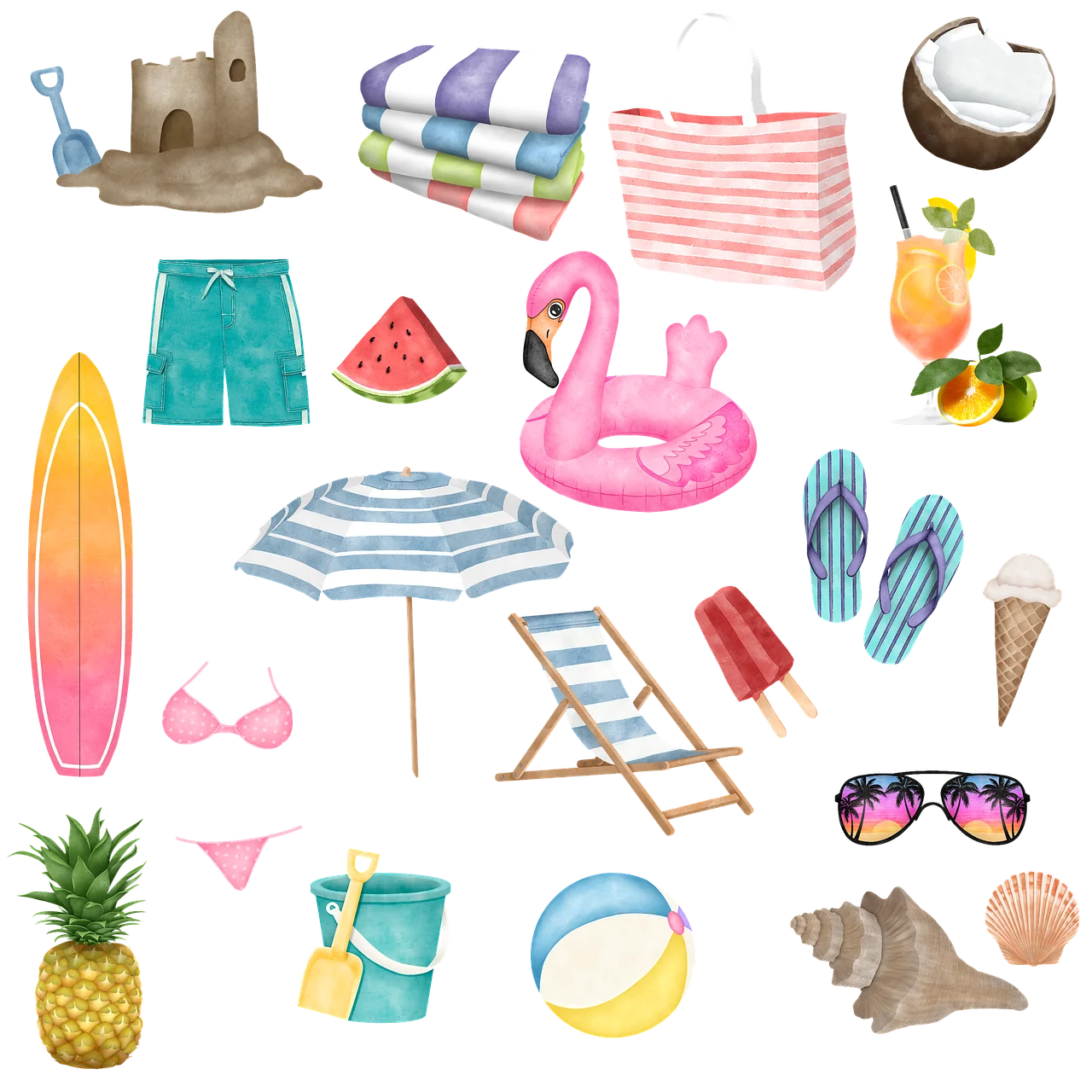 Sunny Beach Day Summer Fun Watercolor Beach Clipart Collection
