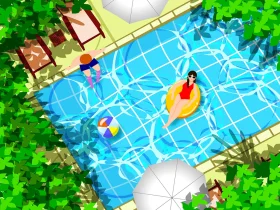 Sunny Summer Pool Party Clipart Scene with Relaxing Swimmers and Floating Fun