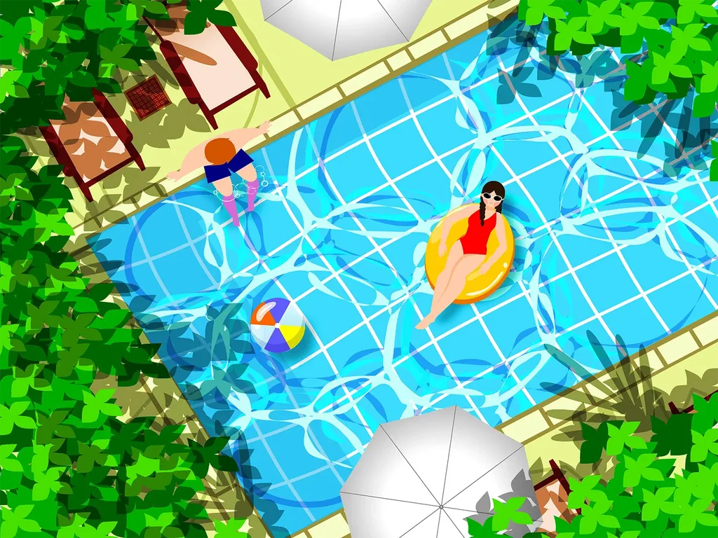 Sunny Summer Pool Party Clipart Scene with Relaxing Swimmers and Floating Fun
