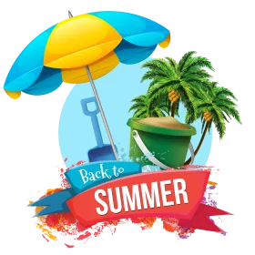 Tropical Summer Beach Clipart Design with Beach Umbrella and Palm Trees