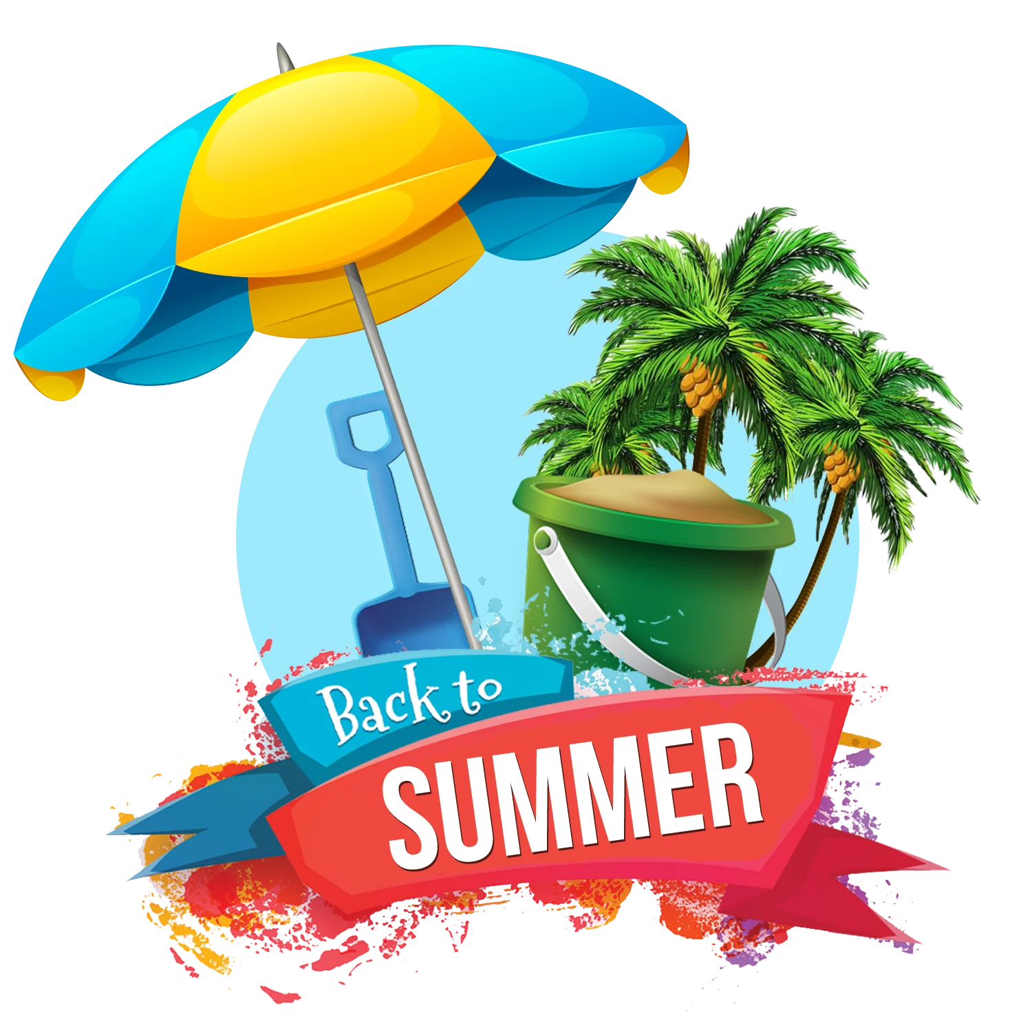 Tropical Summer Beach Clipart Design with Beach Umbrella and Palm Trees