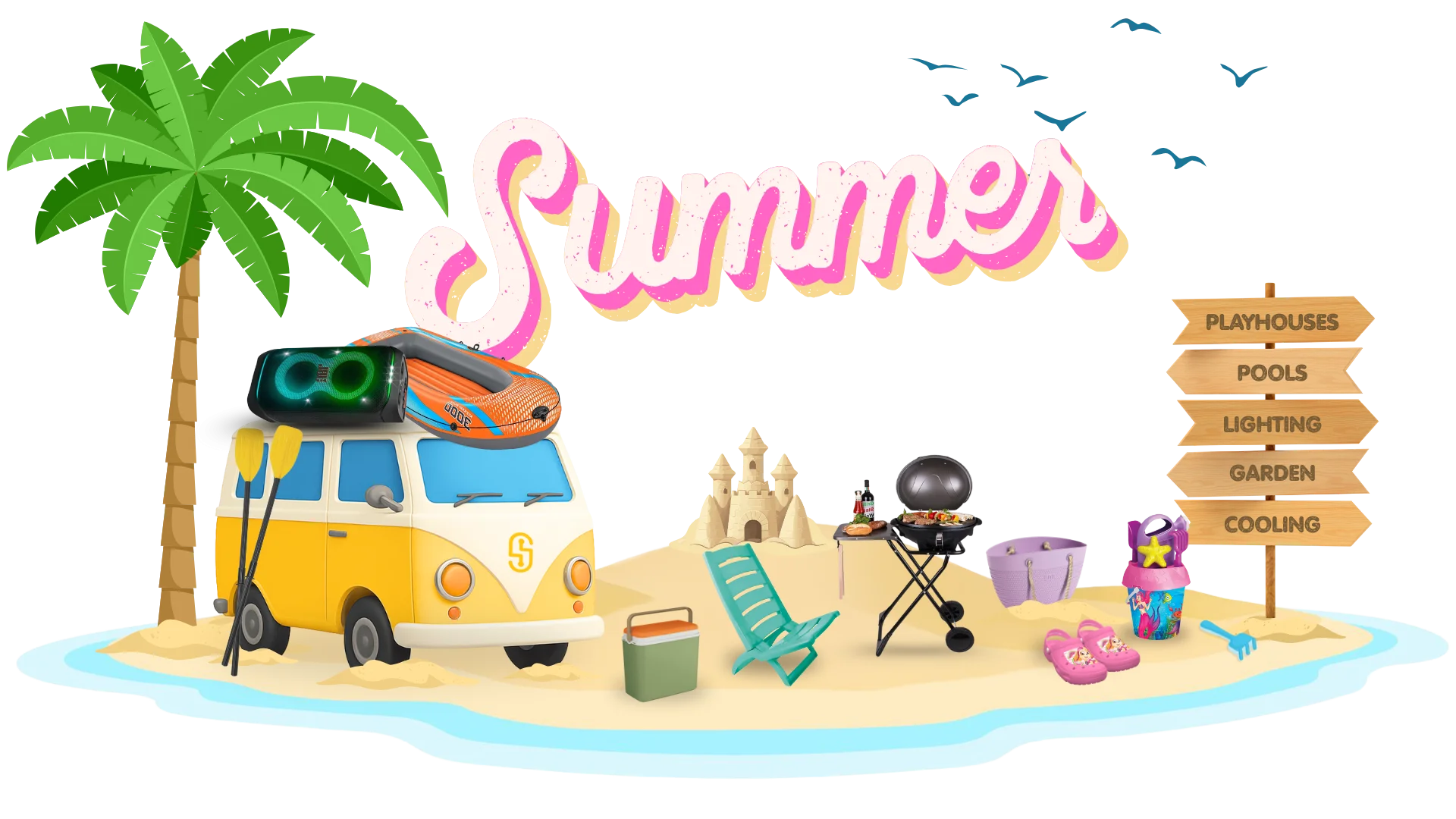 Tropical Summer Beach Vacation Scene Festive Clipart Illustration Design
