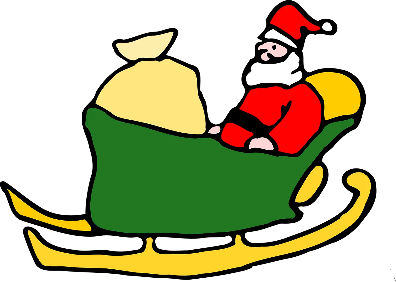 Whimsical Holiday Journey: Santa's Classic Green and Yellow Sleigh Clipart Design