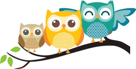 Whimsical Three Stylized Owls Perched on Branch - Cute Owl Clipart Design