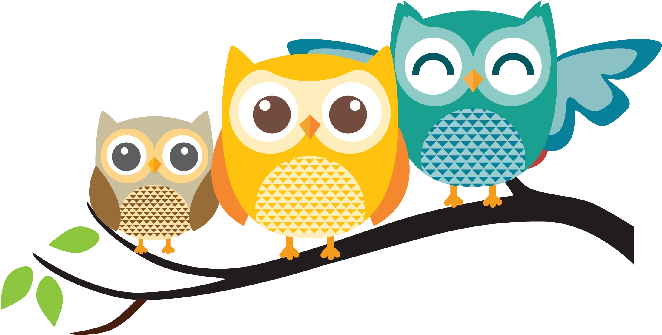 Whimsical Three Stylized Owls Perched on Branch - Cute Owl Clipart Design
