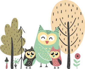 Whimsical Woodland Owl Family Clipart: Charming Illustrated Forest Scene