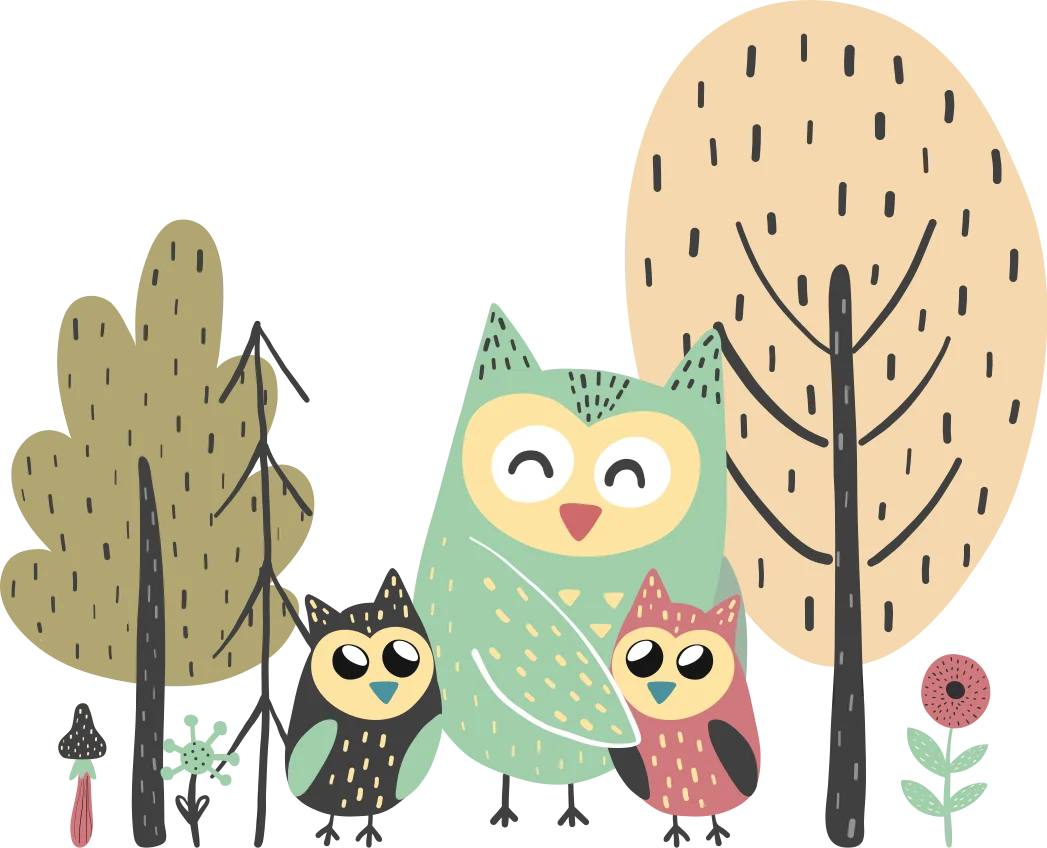 Whimsical Woodland Owl Family Clipart: Charming Illustrated Forest Scene