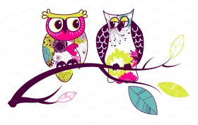 Whimsical Woodland Owls Perched on Branch Clipart Design with Playful Colors