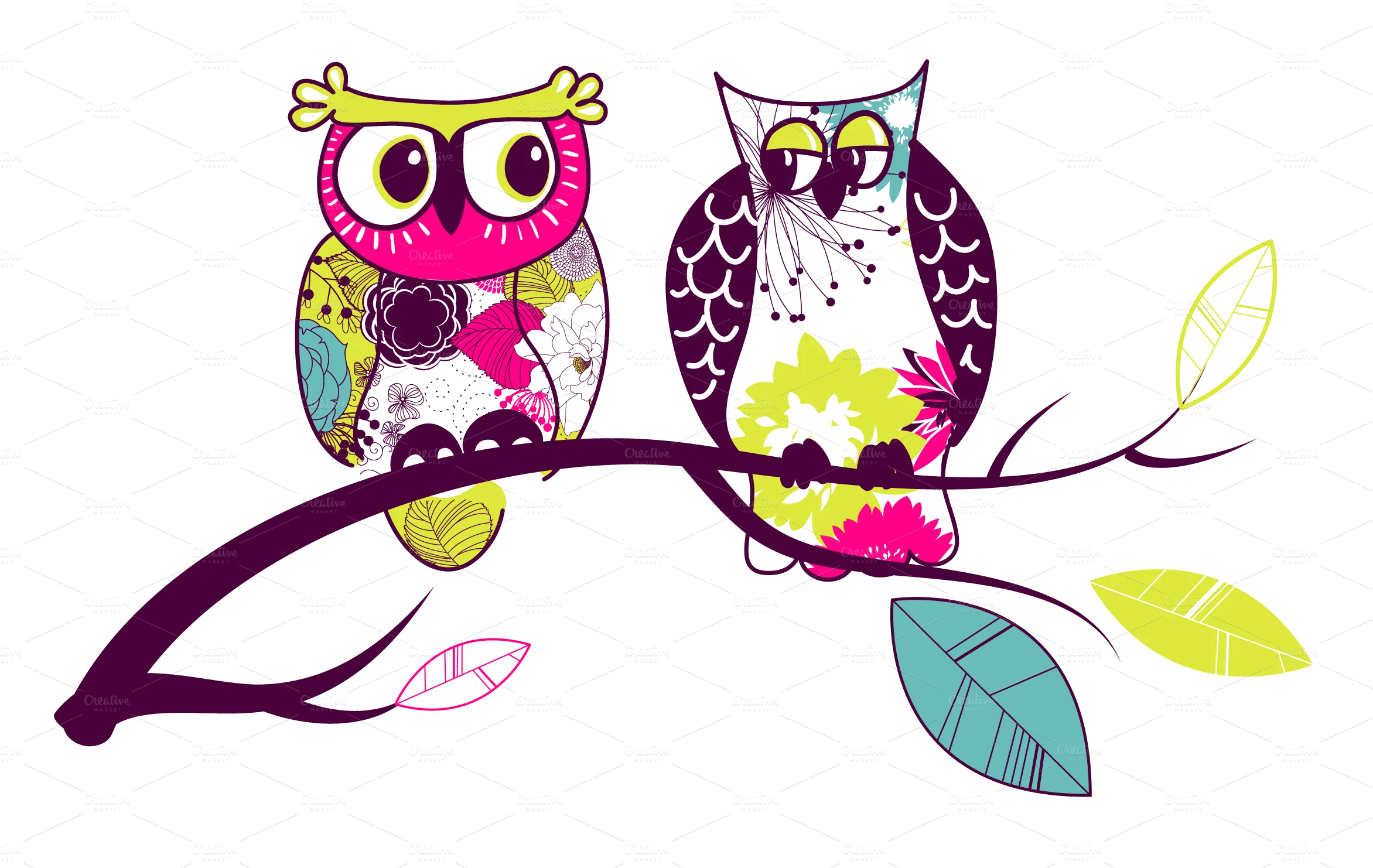 Whimsical Woodland Owls Perched on Branch Clipart Design with Playful Colors