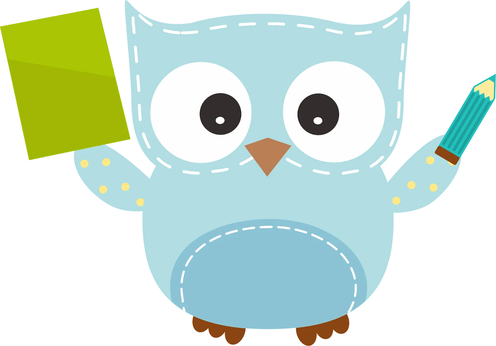 Adorable Blue Cartoon Owl Clipart Holding Green Book and Pencil