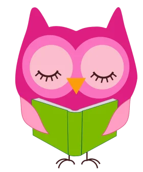 Adorable Sleepy Pink Owl Reading Green Book Kawaii Clipart Illustration