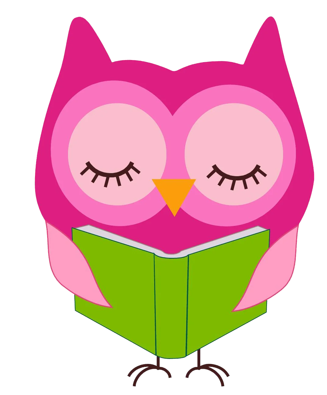 Adorable Sleepy Pink Owl Reading Green Book Kawaii Clipart Illustration