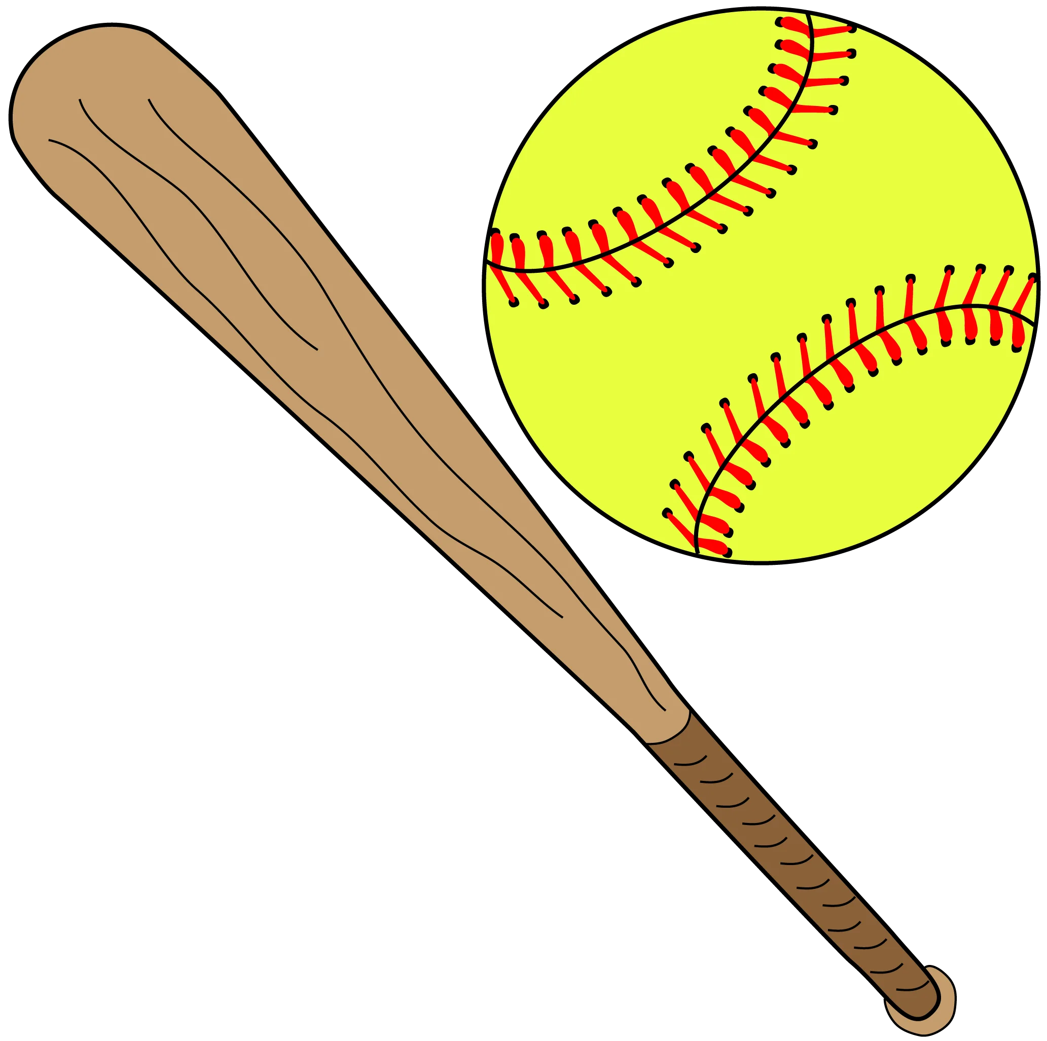 Authentic Wooden Softball Bat and Bright Yellow Softball Clipart Design