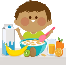Cheerful Breakfast Scene Clipart: Nutritious Morning Meal with Fruits and Milk