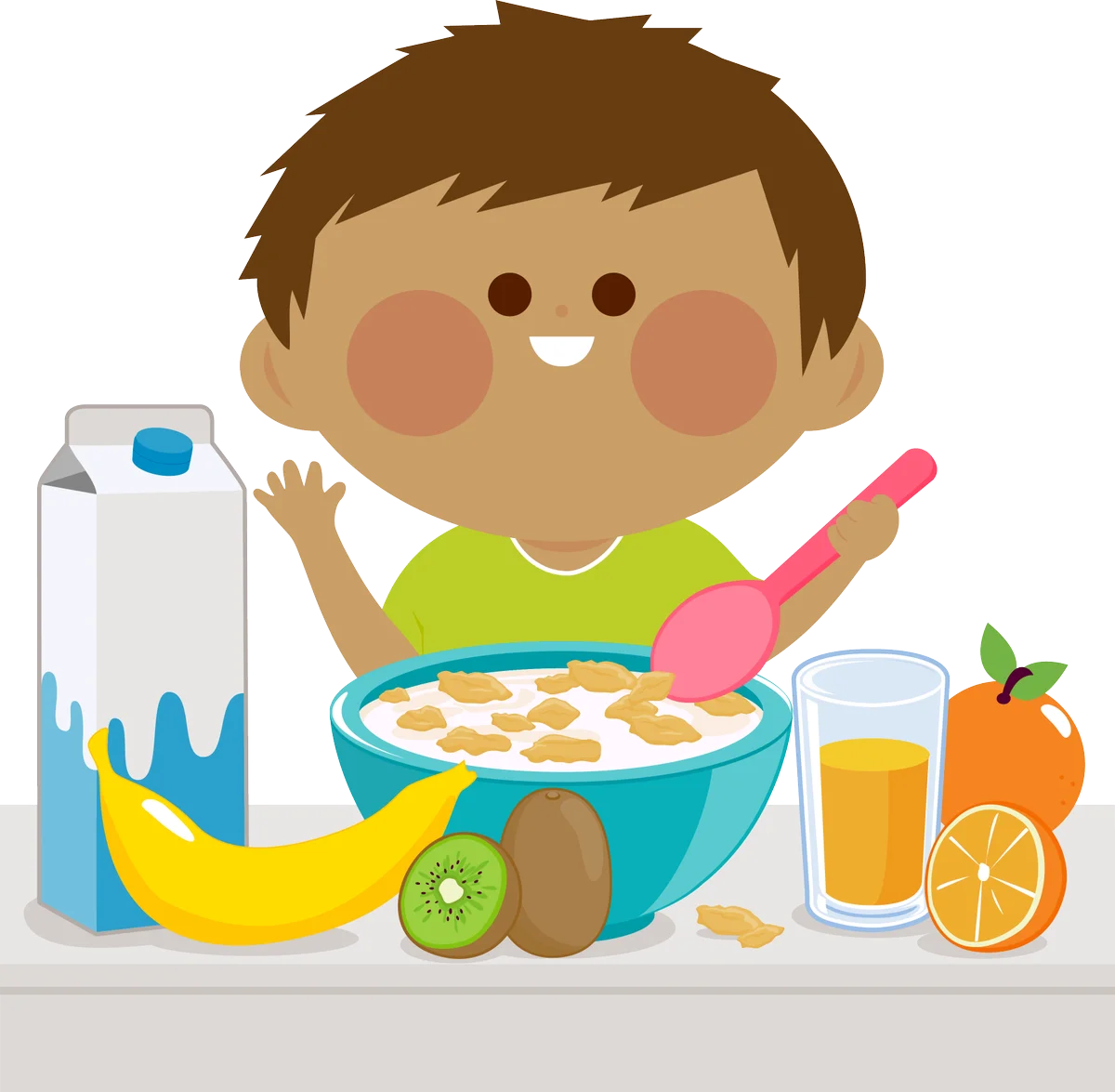 Cheerful Breakfast Scene Clipart: Nutritious Morning Meal with Fruits and Milk