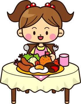 Cheerful Little Girl Enjoying a Colorful and Nutritious Lunch Clipart Scene