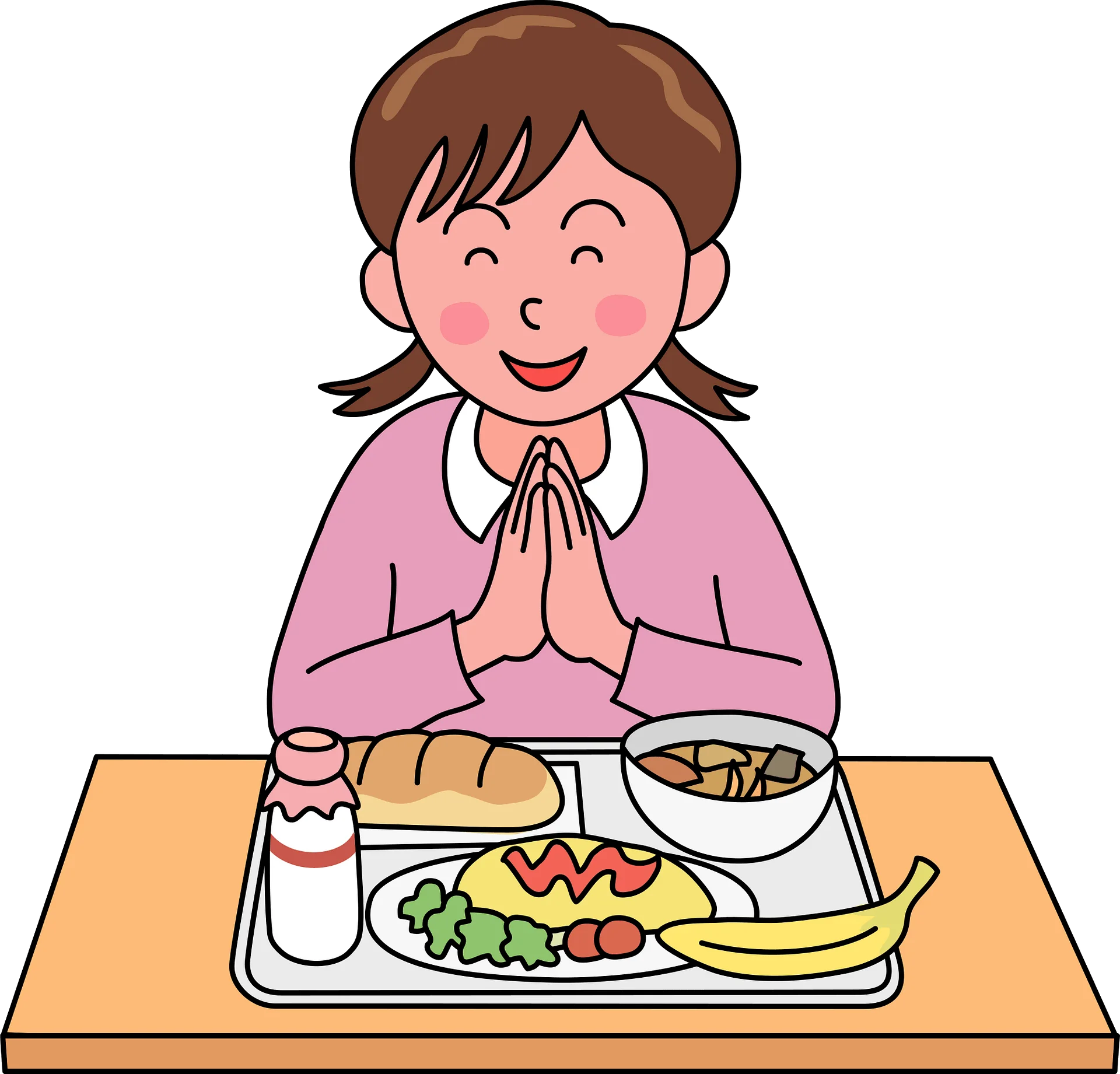 Cheerful School Girl Enjoying Healthy Lunch Clipart Illustration