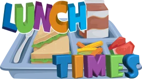 Colorful 3D Lunch Time Typography Clipart Design with Utensils and Food