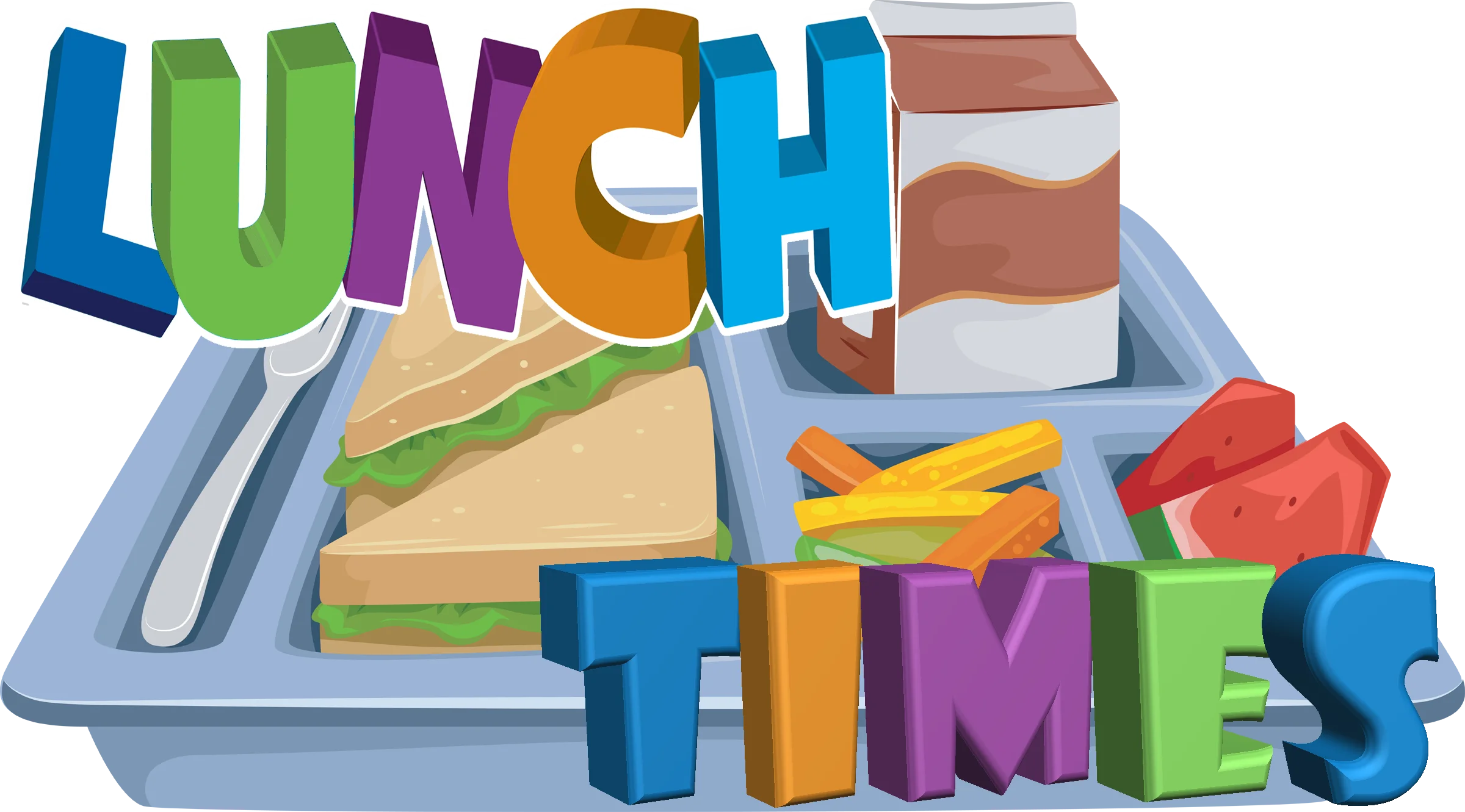 Colorful 3D Lunch Time Typography Clipart Design with Utensils and Food