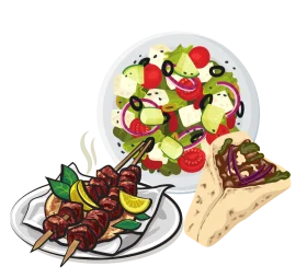Delectable Lunch Clipart Featuring Grilled Meat Skewers and Fresh Greek Salad Delight