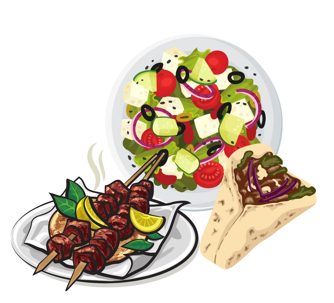Delectable Lunch Clipart Featuring Grilled Meat Skewers and Fresh Greek Salad Delight